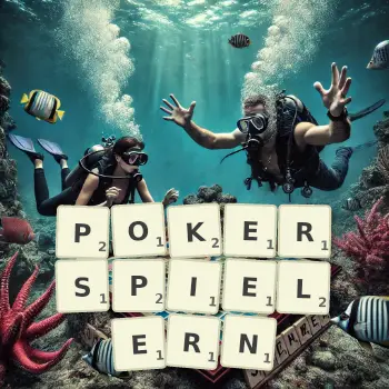 Kreative Illustration für ein Scrabble-Spiel, bei dem das Wort POKERSPIELERN mit Steinen auf dem Brett gelegt wurde.