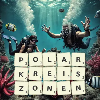 Kreative Illustration für ein Scrabble-Spiel, bei dem das Wort POLARKREISZONEN mit Steinen auf dem Brett gelegt wurde.