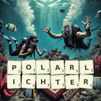 Kreative Illustration für ein Scrabble-Spiel, bei dem das Wort POLARLICHTER mit Steinen auf dem Brett gelegt wurde.