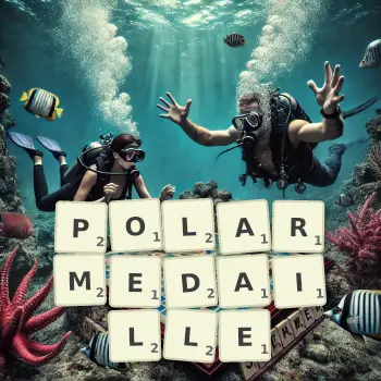 Kreative Illustration für ein Scrabble-Spiel, bei dem das Wort POLARMEDAILLE mit Steinen auf dem Brett gelegt wurde.