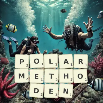 Kreative Illustration für ein Scrabble-Spiel, bei dem das Wort POLARMETHODEN mit Steinen auf dem Brett gelegt wurde.