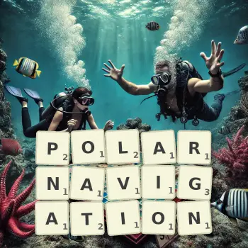 Kreative Illustration für ein Scrabble-Spiel, bei dem das Wort POLARNAVIGATION mit Steinen auf dem Brett gelegt wurde.