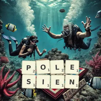 Kreative Illustration für ein Scrabble-Spiel, bei dem das Wort POLESIEN mit Steinen auf dem Brett gelegt wurde.