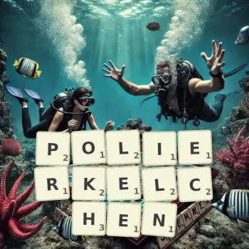 Kreative Illustration für ein Scrabble-Spiel, bei dem das Wort POLIERKELCHEN mit Steinen auf dem Brett gelegt wurde.