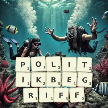 Kreative Illustration für ein Scrabble-Spiel, bei dem das Wort POLITIKBEGRIFF mit Steinen auf dem Brett gelegt wurde.