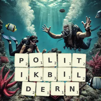 Kreative Illustration für ein Scrabble-Spiel, bei dem das Wort POLITIKBILDERN mit Steinen auf dem Brett gelegt wurde.