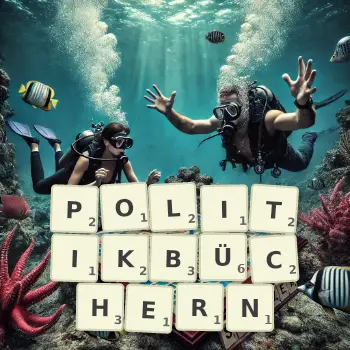 Kreative Illustration für ein Scrabble-Spiel, bei dem das Wort POLITIKBÜCHERN mit Steinen auf dem Brett gelegt wurde.