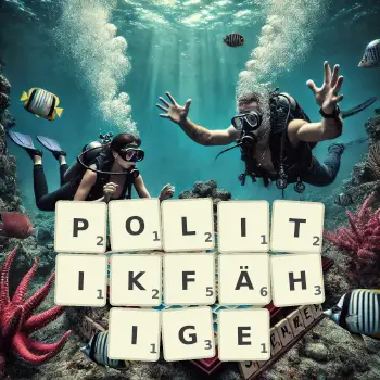 Kreative Illustration für ein Scrabble-Spiel, bei dem das Wort POLITIKFÄHIGE mit Steinen auf dem Brett gelegt wurde.