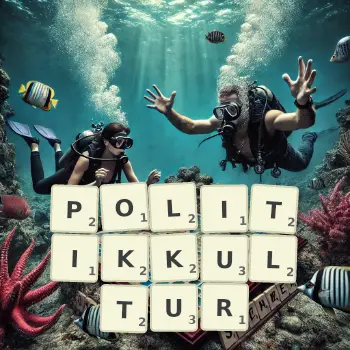 Kreative Illustration für ein Scrabble-Spiel, bei dem das Wort POLITIKKULTUR mit Steinen auf dem Brett gelegt wurde.