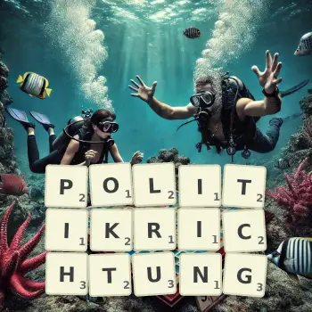 Kreative Illustration für ein Scrabble-Spiel, bei dem das Wort POLITIKRICHTUNG mit Steinen auf dem Brett gelegt wurde.