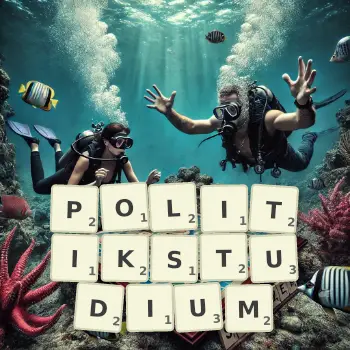 Kreative Illustration für ein Scrabble-Spiel, bei dem das Wort POLITIKSTUDIUM mit Steinen auf dem Brett gelegt wurde.