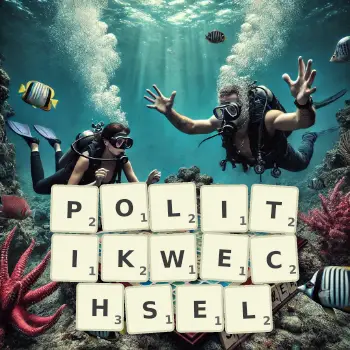 Kreative Illustration für ein Scrabble-Spiel, bei dem das Wort POLITIKWECHSEL mit Steinen auf dem Brett gelegt wurde.
