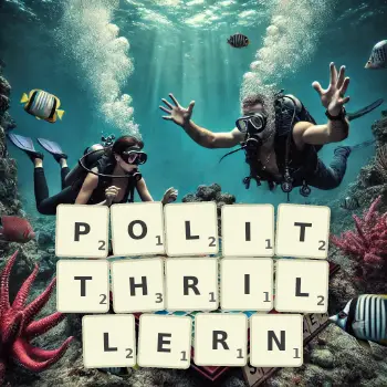 Kreative Illustration für ein Scrabble-Spiel, bei dem das Wort POLITTHRILLERN mit Steinen auf dem Brett gelegt wurde.