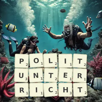 Kreative Illustration für ein Scrabble-Spiel, bei dem das Wort POLITUNTERRICHT mit Steinen auf dem Brett gelegt wurde.