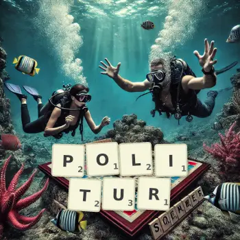 Kreative Illustration für ein Scrabble-Spiel, bei dem das Wort POLITUR mit Steinen auf dem Brett gelegt wurde.