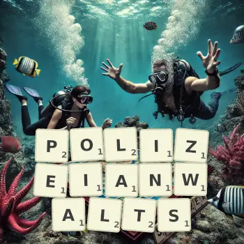 Kreative Illustration für ein Scrabble-Spiel, bei dem das Wort POLIZEIANWALTS mit Steinen auf dem Brett gelegt wurde.