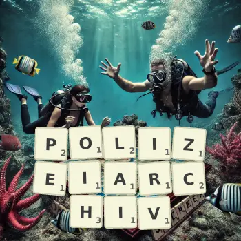 Kreative Illustration für ein Scrabble-Spiel, bei dem das Wort POLIZEIARCHIV mit Steinen auf dem Brett gelegt wurde.