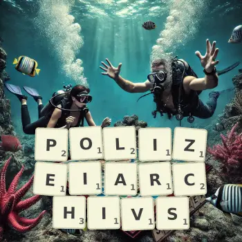 Kreative Illustration für ein Scrabble-Spiel, bei dem das Wort POLIZEIARCHIVS mit Steinen auf dem Brett gelegt wurde.