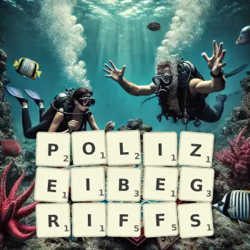 Kreative Illustration für ein Scrabble-Spiel, bei dem das Wort POLIZEIBEGRIFFS mit Steinen auf dem Brett gelegt wurde.