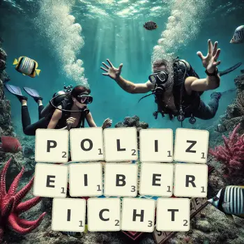 Kreative Illustration für ein Scrabble-Spiel, bei dem das Wort POLIZEIBERICHT mit Steinen auf dem Brett gelegt wurde.
