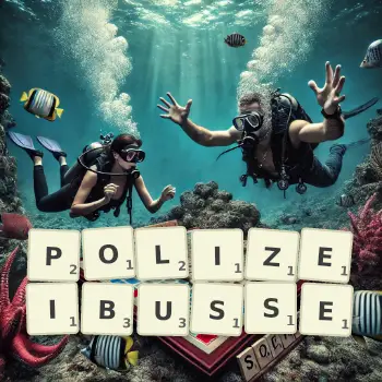 Kreative Illustration für ein Scrabble-Spiel, bei dem das Wort POLIZEIBUSSE mit Steinen auf dem Brett gelegt wurde.