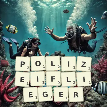 Kreative Illustration für ein Scrabble-Spiel, bei dem das Wort POLIZEIFLIEGER mit Steinen auf dem Brett gelegt wurde.
