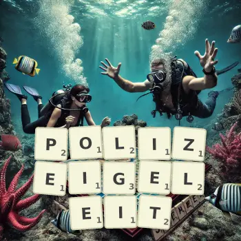 Kreative Illustration für ein Scrabble-Spiel, bei dem das Wort POLIZEIGELEIT mit Steinen auf dem Brett gelegt wurde.