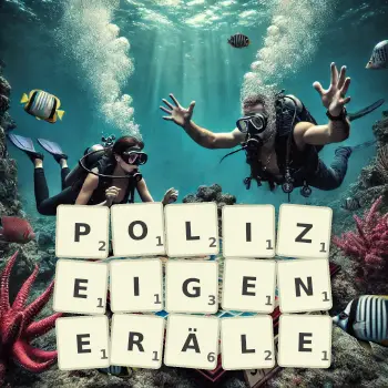 Kreative Illustration für ein Scrabble-Spiel, bei dem das Wort POLIZEIGENERÄLE mit Steinen auf dem Brett gelegt wurde.
