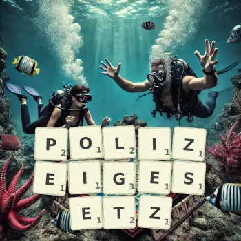 Kreative Illustration für ein Scrabble-Spiel, bei dem das Wort POLIZEIGESETZ mit Steinen auf dem Brett gelegt wurde.
