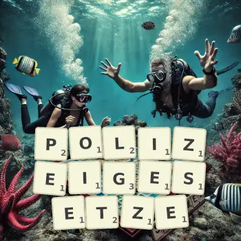 Kreative Illustration für ein Scrabble-Spiel, bei dem das Wort POLIZEIGESETZE mit Steinen auf dem Brett gelegt wurde.