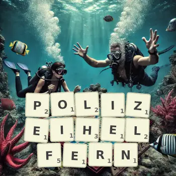 Kreative Illustration für ein Scrabble-Spiel, bei dem das Wort POLIZEIHELFERN mit Steinen auf dem Brett gelegt wurde.