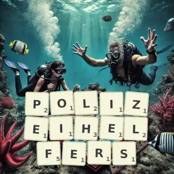 Kreative Illustration für ein Scrabble-Spiel, bei dem das Wort POLIZEIHELFERS mit Steinen auf dem Brett gelegt wurde.