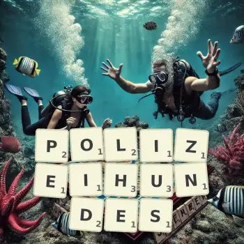 Kreative Illustration für ein Scrabble-Spiel, bei dem das Wort POLIZEIHUNDES mit Steinen auf dem Brett gelegt wurde.