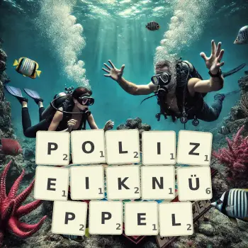 Kreative Illustration für ein Scrabble-Spiel, bei dem das Wort POLIZEIKNÜPPEL mit Steinen auf dem Brett gelegt wurde.