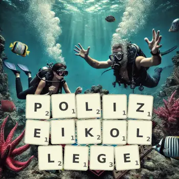 Kreative Illustration für ein Scrabble-Spiel, bei dem das Wort POLIZEIKOLLEGE mit Steinen auf dem Brett gelegt wurde.