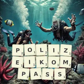 Kreative Illustration für ein Scrabble-Spiel, bei dem das Wort POLIZEIKOMPASS mit Steinen auf dem Brett gelegt wurde.