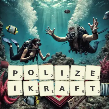 Kreative Illustration für ein Scrabble-Spiel, bei dem das Wort POLIZEIKRAFT mit Steinen auf dem Brett gelegt wurde.