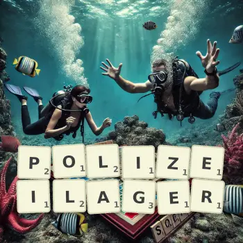 Kreative Illustration für ein Scrabble-Spiel, bei dem das Wort POLIZEILAGER mit Steinen auf dem Brett gelegt wurde.