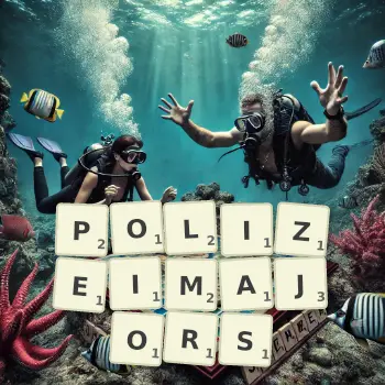 Kreative Illustration für ein Scrabble-Spiel, bei dem das Wort POLIZEIMAJORS mit Steinen auf dem Brett gelegt wurde.