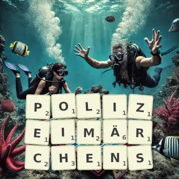 Kreative Illustration für ein Scrabble-Spiel, bei dem das Wort POLIZEIMÄRCHENS mit Steinen auf dem Brett gelegt wurde.