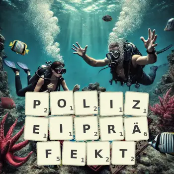 Kreative Illustration für ein Scrabble-Spiel, bei dem das Wort POLIZEIPRÄFEKT mit Steinen auf dem Brett gelegt wurde.