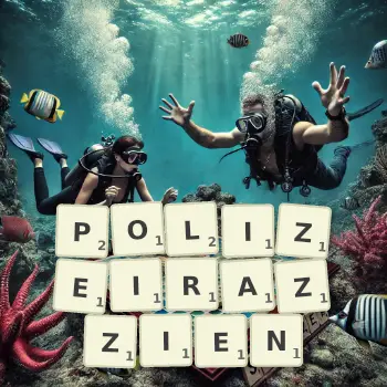 Kreative Illustration für ein Scrabble-Spiel, bei dem das Wort POLIZEIRAZZIEN mit Steinen auf dem Brett gelegt wurde.