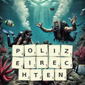 Kreative Illustration für ein Scrabble-Spiel, bei dem das Wort POLIZEIRECHTEN mit Steinen auf dem Brett gelegt wurde.
