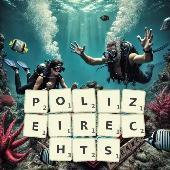 Kreative Illustration für ein Scrabble-Spiel, bei dem das Wort POLIZEIRECHTS mit Steinen auf dem Brett gelegt wurde.