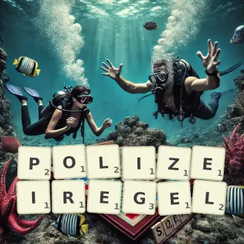 Kreative Illustration für ein Scrabble-Spiel, bei dem das Wort POLIZEIREGEL mit Steinen auf dem Brett gelegt wurde.