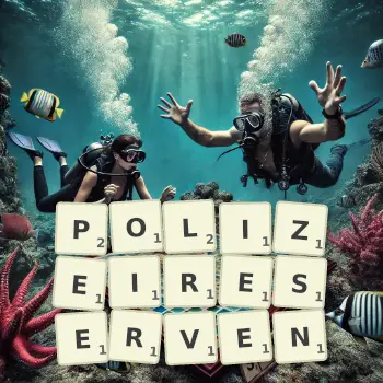Kreative Illustration für ein Scrabble-Spiel, bei dem das Wort POLIZEIRESERVEN mit Steinen auf dem Brett gelegt wurde.