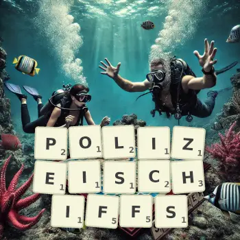 Kreative Illustration für ein Scrabble-Spiel, bei dem das Wort POLIZEISCHIFFS mit Steinen auf dem Brett gelegt wurde.