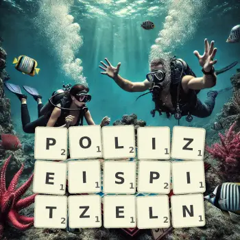 Kreative Illustration für ein Scrabble-Spiel, bei dem das Wort POLIZEISPITZELN mit Steinen auf dem Brett gelegt wurde.