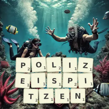Kreative Illustration für ein Scrabble-Spiel, bei dem das Wort POLIZEISPITZEN mit Steinen auf dem Brett gelegt wurde.