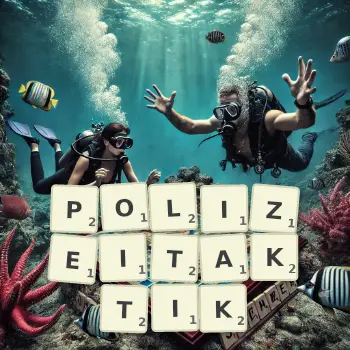 Kreative Illustration für ein Scrabble-Spiel, bei dem das Wort POLIZEITAKTIK mit Steinen auf dem Brett gelegt wurde.